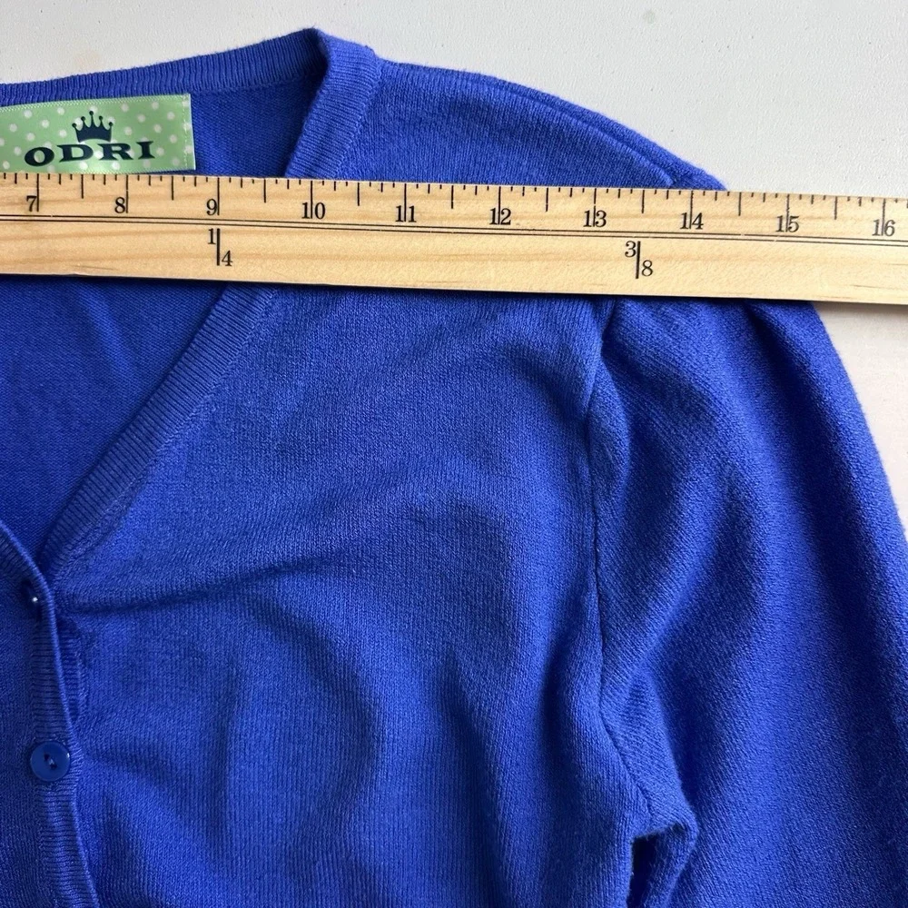 Odri Womens Sweater Sz S (?) Button Down Cardigan Royal Blue 3/4 Sleeve READ